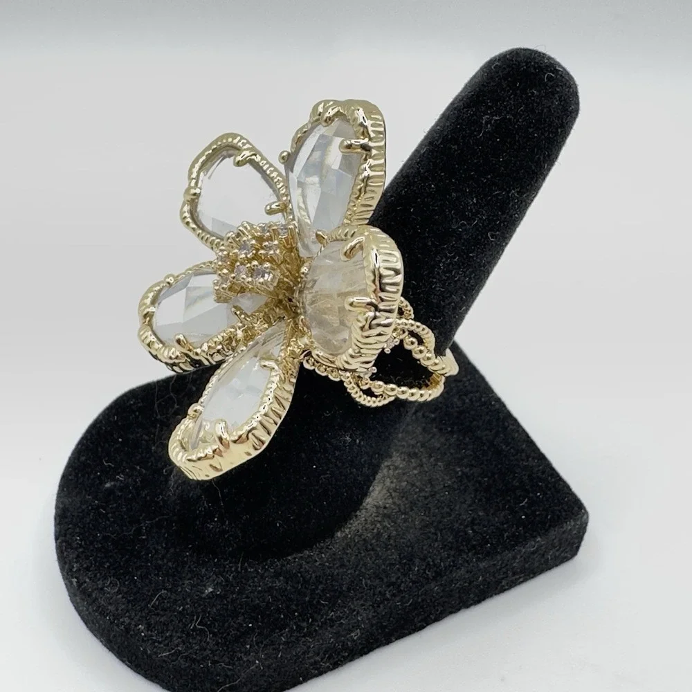 Joan Boyce Crystal Flower Ring Gold Tone Statement Cocktail Ring 1.5